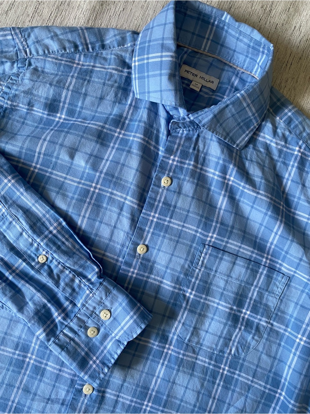 Peter Millar Men's Blue White Plaid Check Button Up Shirt 100% Cotton